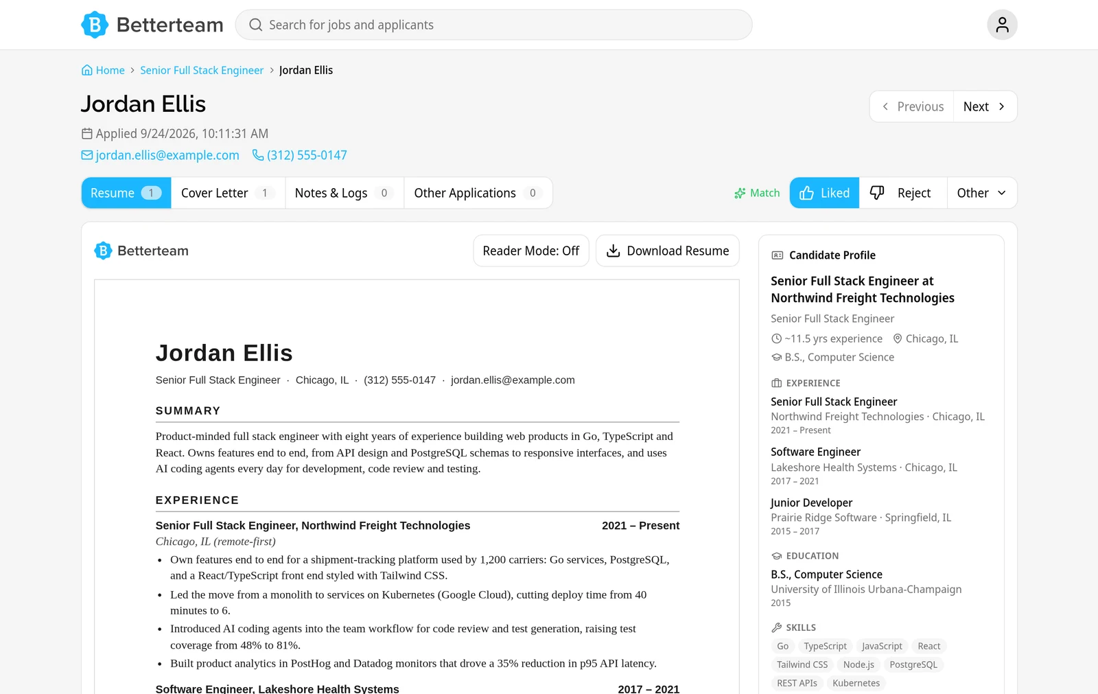 A candidate's resume open in Betterteam, with a profile summary of experience, location and education beside it, and Liked, Reject and Next buttons