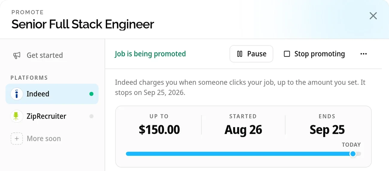 Promoting a job on Indeed from Betterteam: up to $150, started Aug 26, ends Sep 25, with Pause and Stop promoting buttons
